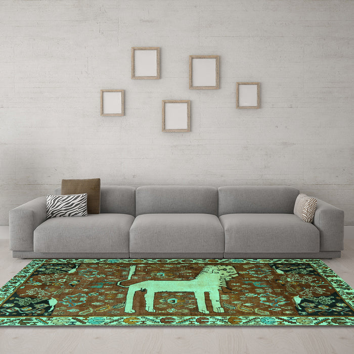 Machine Washable Animal Turquoise Traditional Area Rugs in a Living Room,, wshtr2363turq