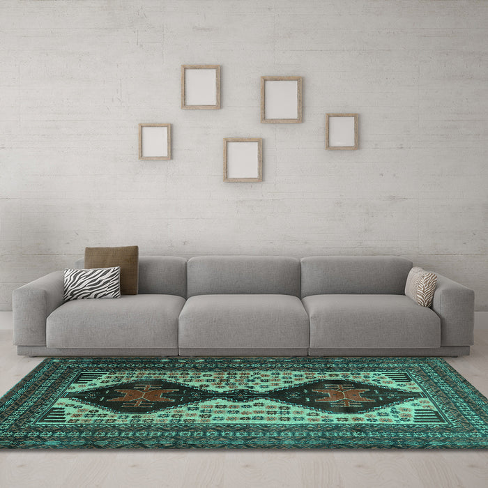 Machine Washable Persian Turquoise Traditional Area Rugs in a Living Room,, wshtr2364turq