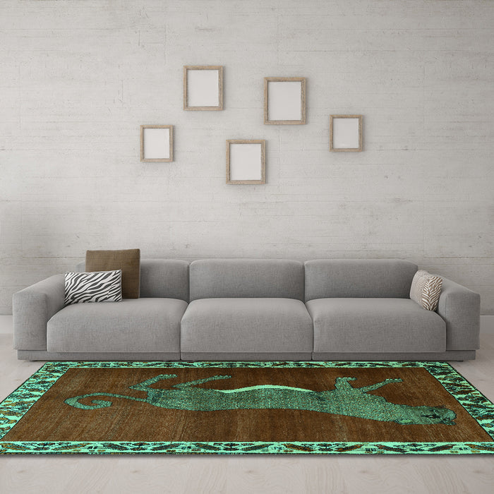Machine Washable Animal Turquoise Traditional Area Rugs in a Living Room,, wshtr2367turq