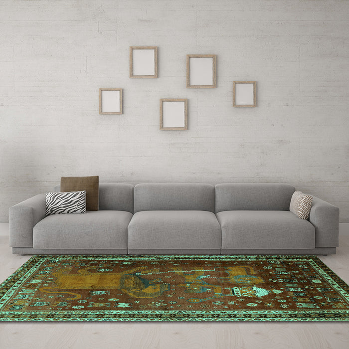 Machine Washable Animal Turquoise Traditional Area Rugs in a Living Room,, wshtr2368turq