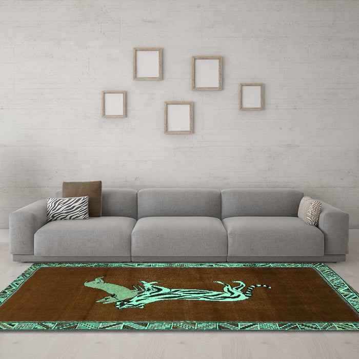 Machine Washable Animal Turquoise Traditional Area Rugs in a Living Room,, wshtr2369turq