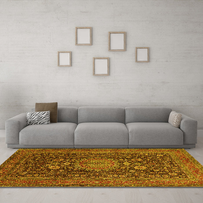 Machine Washable Medallion Yellow Traditional Rug in a Living Room, wshtr236yw