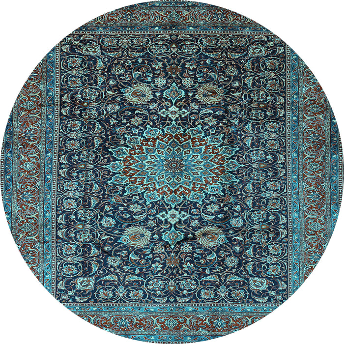 Round Machine Washable Medallion Light Blue Traditional Rug, wshtr236lblu