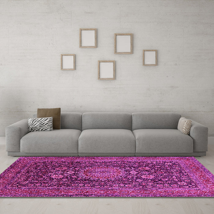 Machine Washable Medallion Pink Traditional Rug in a Living Room, wshtr236pnk
