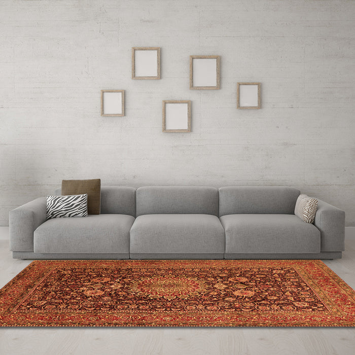 Machine Washable Medallion Orange Traditional Area Rugs in a Living Room, wshtr236org