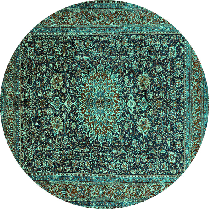 Round Machine Washable Medallion Turquoise Traditional Area Rugs, wshtr236turq