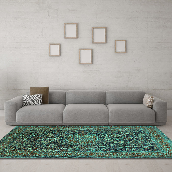 Machine Washable Medallion Turquoise Traditional Area Rugs in a Living Room,, wshtr236turq