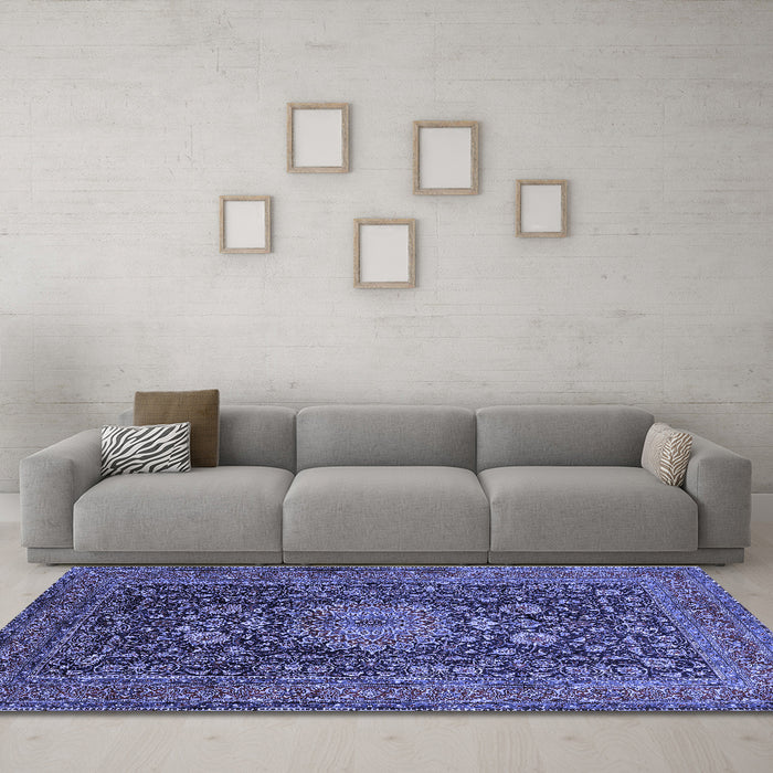 Machine Washable Medallion Blue Traditional Rug in a Living Room, wshtr236blu