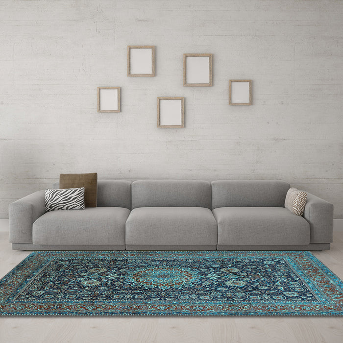 Machine Washable Medallion Light Blue Traditional Rug in a Living Room, wshtr236lblu