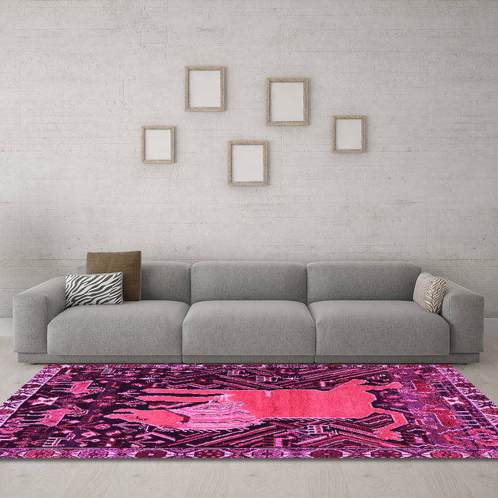 Machine Washable Animal Pink Traditional Rug in a Living Room, wshtr2370pnk