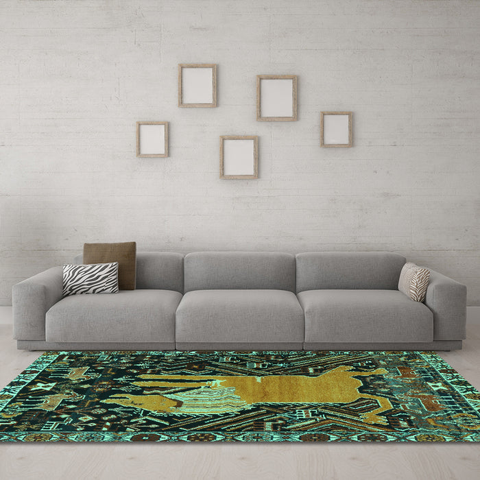 Machine Washable Animal Turquoise Traditional Area Rugs in a Living Room,, wshtr2370turq