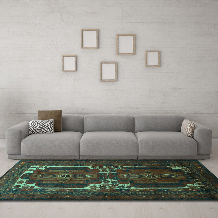 Machine Washable Persian Turquoise Traditional Area Rugs in a Living Room,, wshtr2371turq
