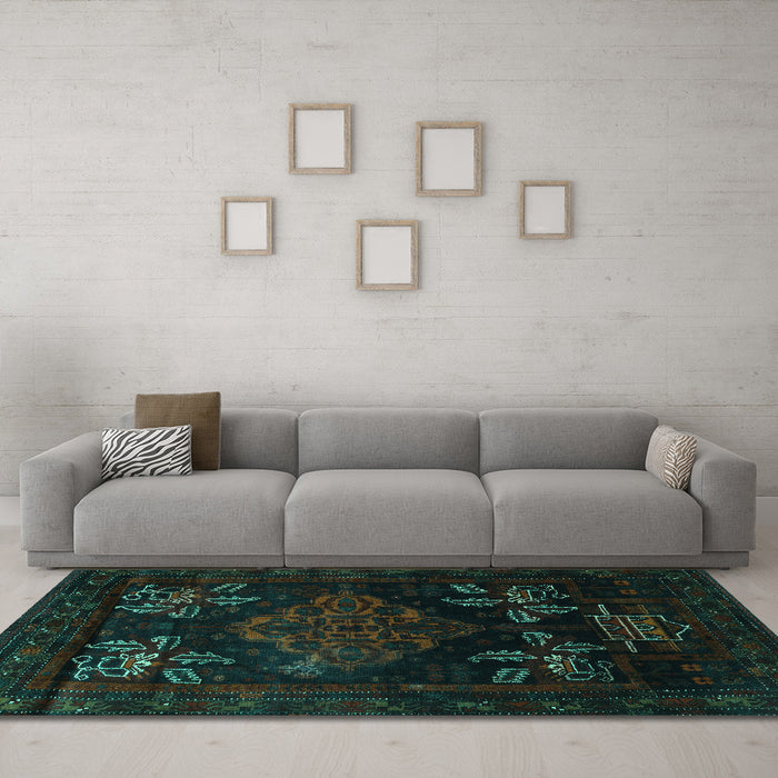 Machine Washable Persian Turquoise Traditional Area Rugs in a Living Room,, wshtr2372turq