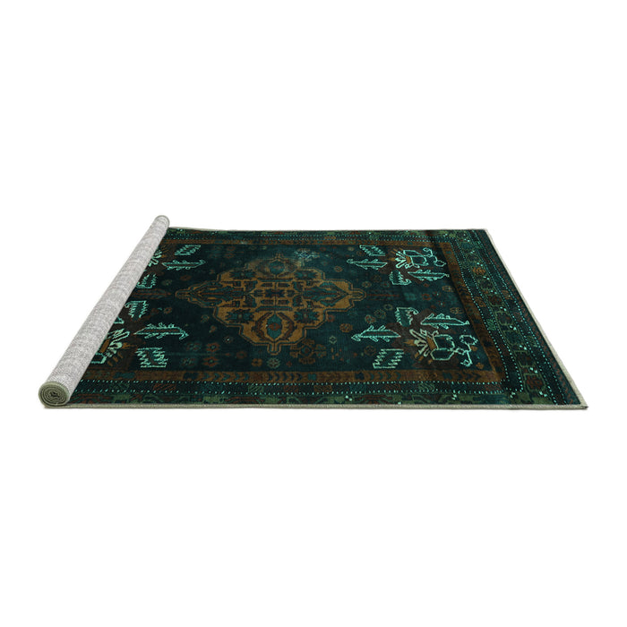 Sideview of Machine Washable Persian Turquoise Traditional Area Rugs, wshtr2372turq