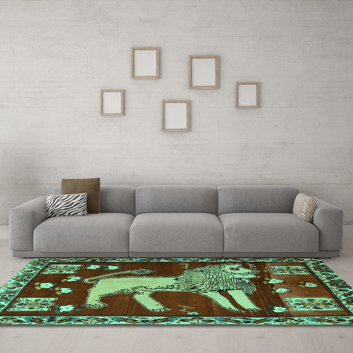 Machine Washable Animal Turquoise Traditional Area Rugs in a Living Room,, wshtr2374turq