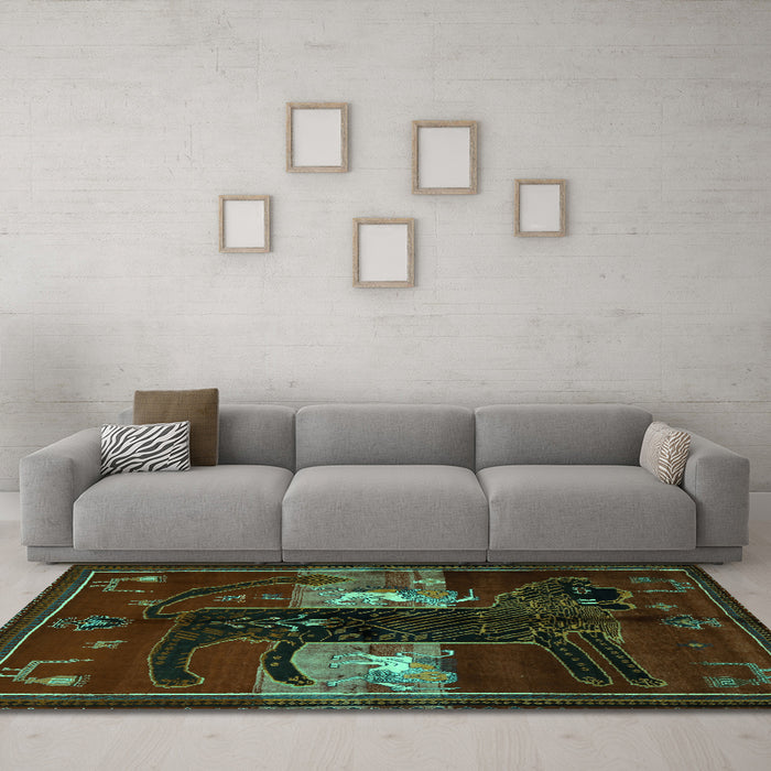 Machine Washable Animal Turquoise Traditional Area Rugs in a Living Room,, wshtr2375turq