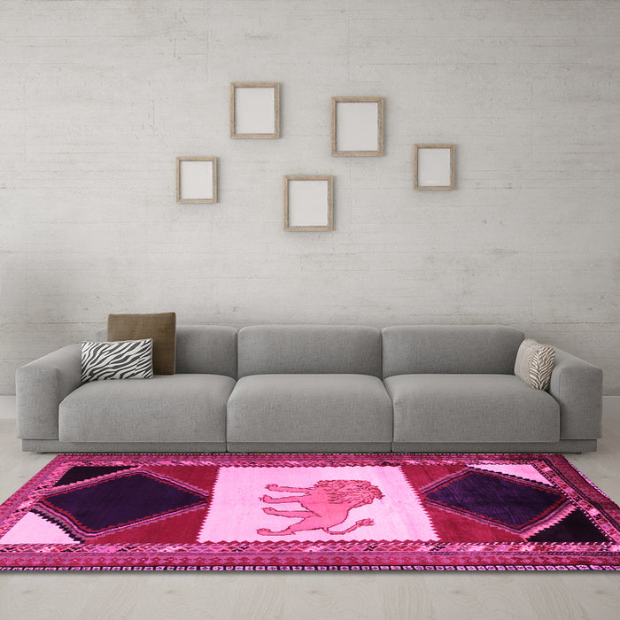 Machine Washable Animal Pink Traditional Rug in a Living Room, wshtr2376pnk