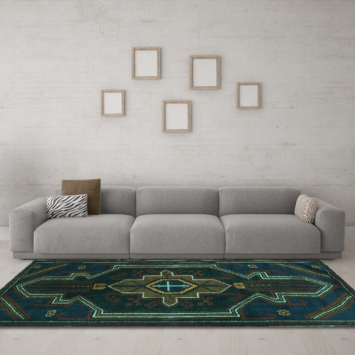 Machine Washable Persian Turquoise Traditional Area Rugs in a Living Room,, wshtr2379turq