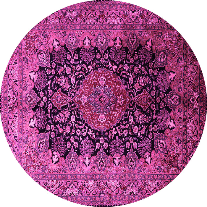 Round Machine Washable Medallion Pink Traditional Rug, wshtr237pnk