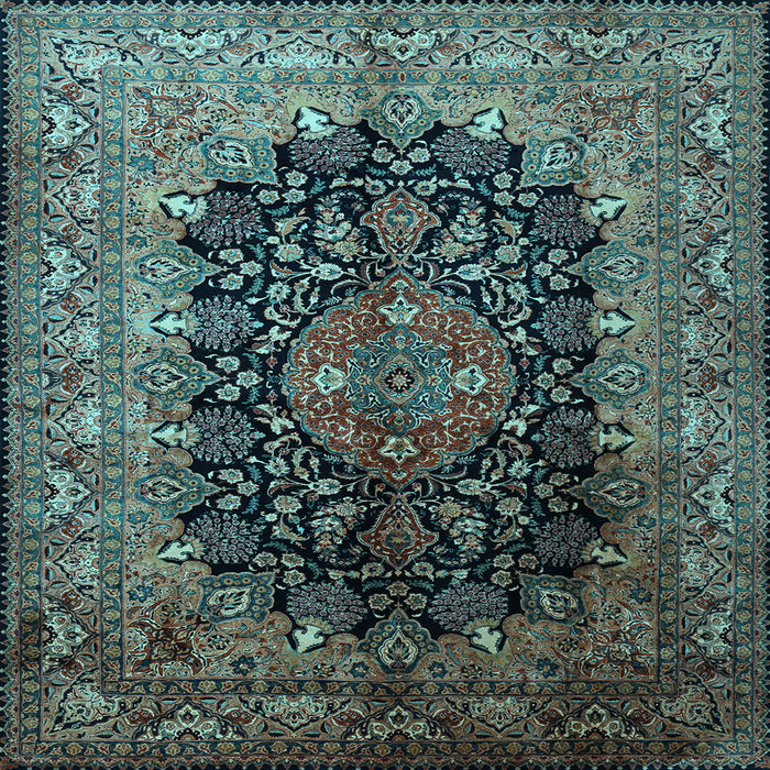 Square Machine Washable Medallion Light Blue Traditional Rug, wshtr237lblu