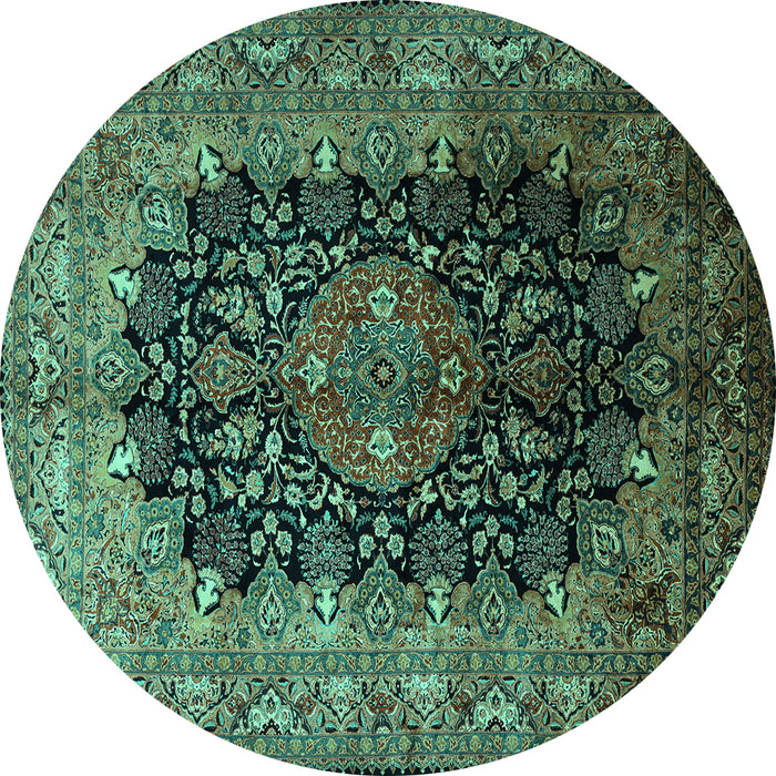 Round Machine Washable Medallion Turquoise Traditional Area Rugs, wshtr237turq