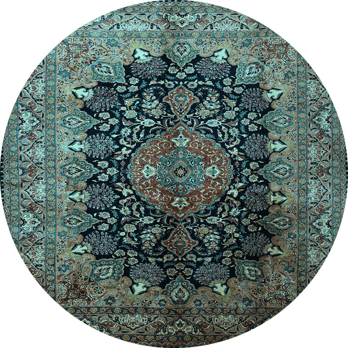 Round Machine Washable Medallion Light Blue Traditional Rug, wshtr237lblu