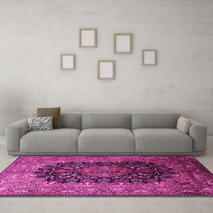 Machine Washable Medallion Pink Traditional Rug in a Living Room, wshtr237pnk