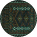 Round Machine Washable Southwestern Turquoise Country Area Rugs, wshtr2380turq