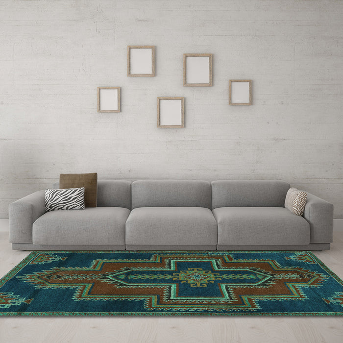 Machine Washable Persian Turquoise Traditional Area Rugs in a Living Room,, wshtr2384turq