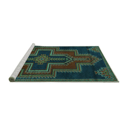 Sideview of Machine Washable Persian Turquoise Traditional Area Rugs, wshtr2384turq