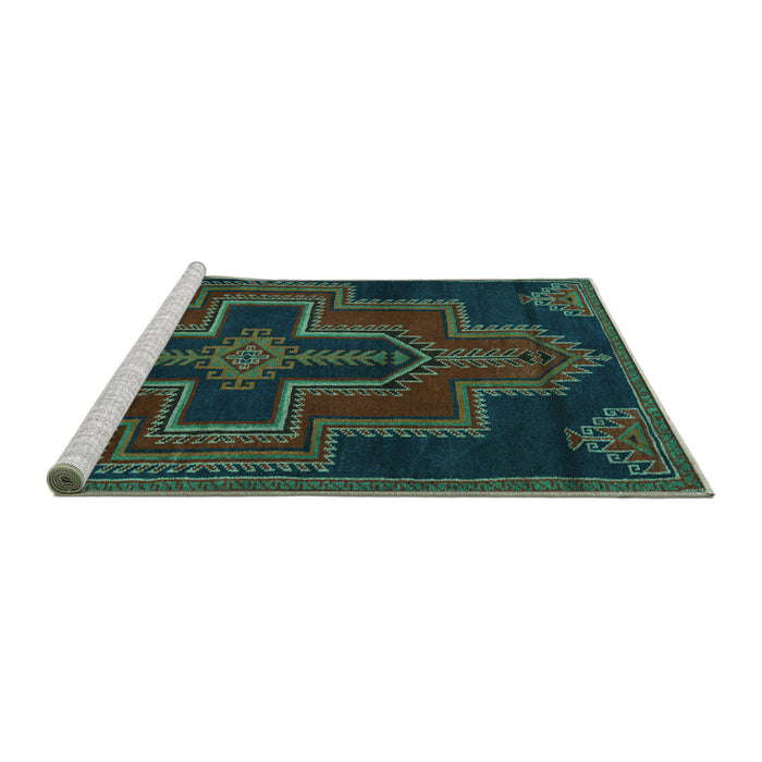 Sideview of Machine Washable Persian Turquoise Traditional Area Rugs, wshtr2384turq