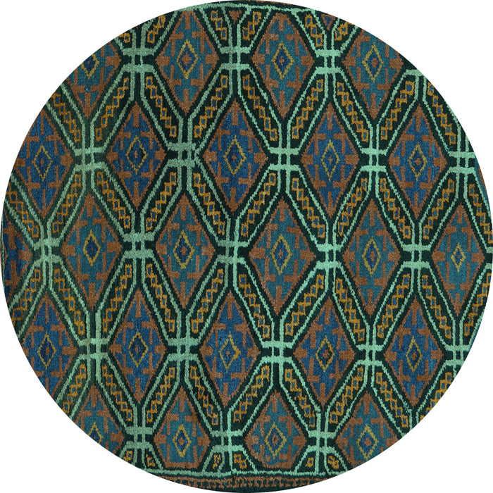 Round Machine Washable Southwestern Turquoise Country Area Rugs, wshtr2385turq