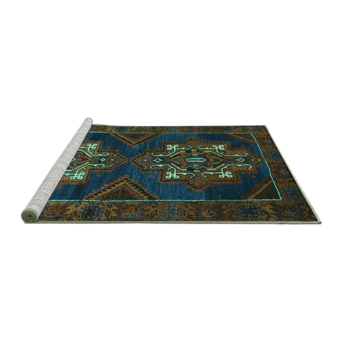 Sideview of Machine Washable Persian Turquoise Traditional Area Rugs, wshtr2386turq