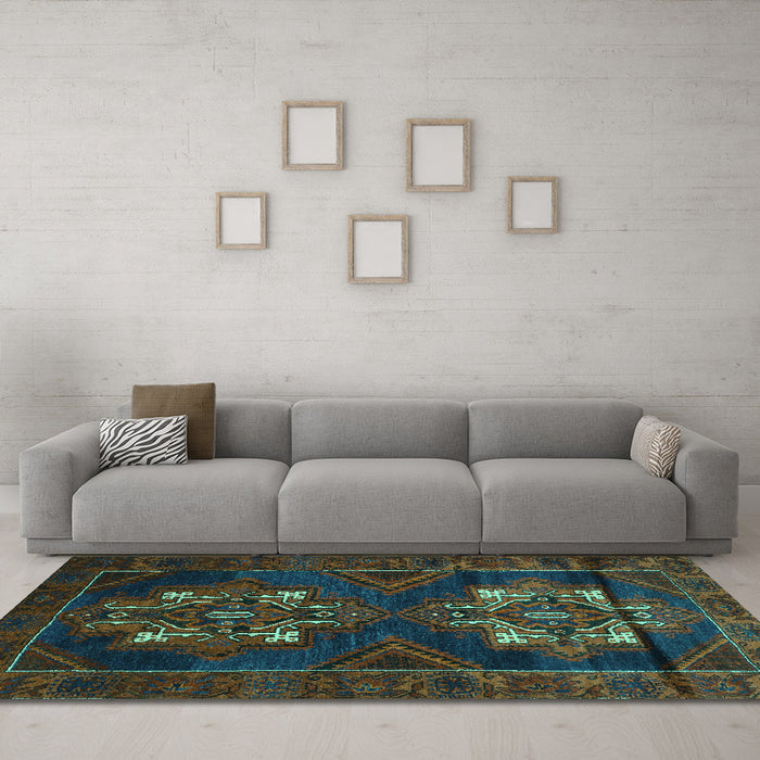 Machine Washable Persian Turquoise Traditional Area Rugs in a Living Room,, wshtr2386turq