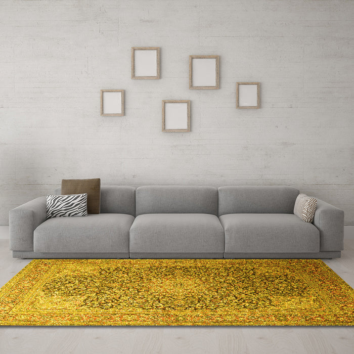 Machine Washable Medallion Yellow Traditional Rug in a Living Room, wshtr238yw