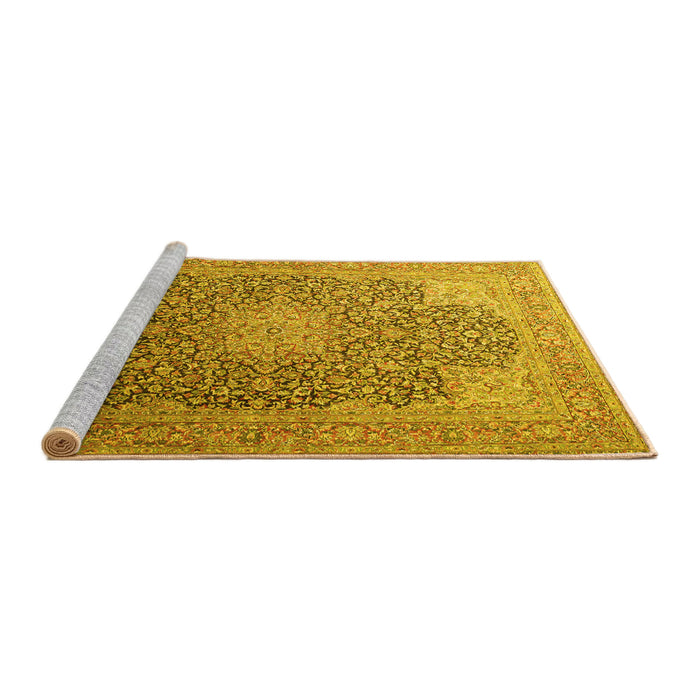 Sideview of Machine Washable Medallion Yellow Traditional Rug, wshtr238yw