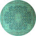 Round Machine Washable Medallion Turquoise Traditional Area Rugs, wshtr238turq