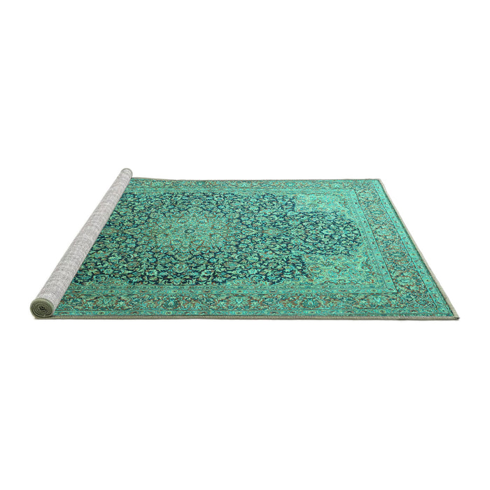Sideview of Machine Washable Medallion Turquoise Traditional Area Rugs, wshtr238turq