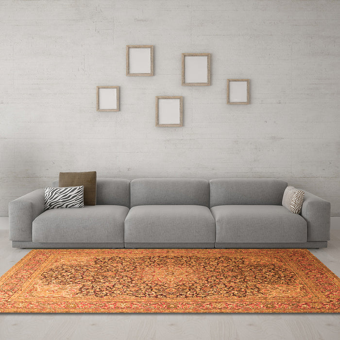 Machine Washable Medallion Orange Traditional Area Rugs in a Living Room, wshtr238org