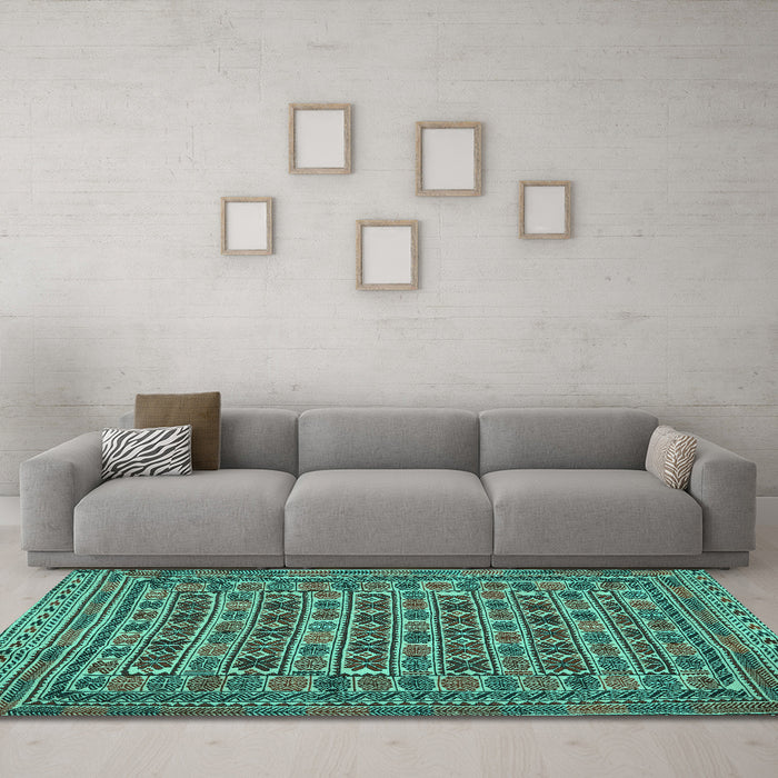Machine Washable Persian Turquoise Traditional Area Rugs in a Living Room,, wshtr2391turq