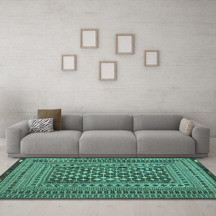 Machine Washable Persian Turquoise Traditional Area Rugs in a Living Room,, wshtr2392turq
