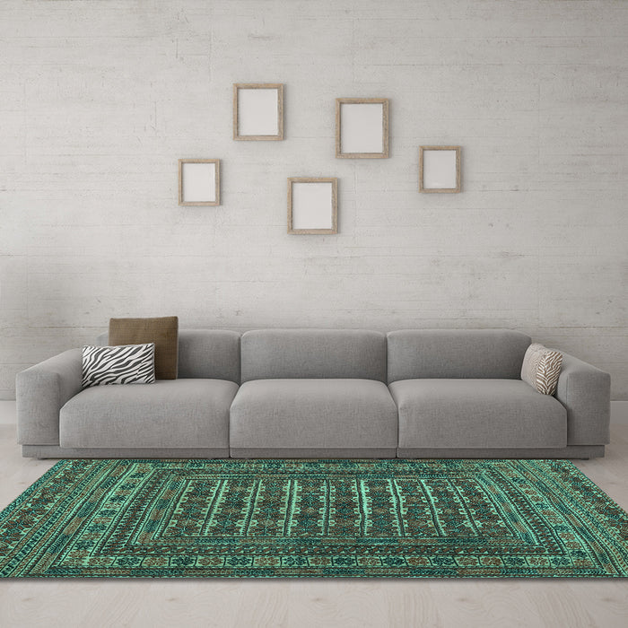 Machine Washable Southwestern Turquoise Country Area Rugs in a Living Room,, wshtr2394turq