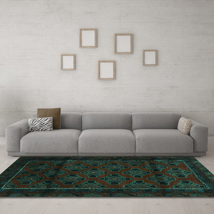 Machine Washable Southwestern Turquoise Country Area Rugs in a Living Room,, wshtr2396turq
