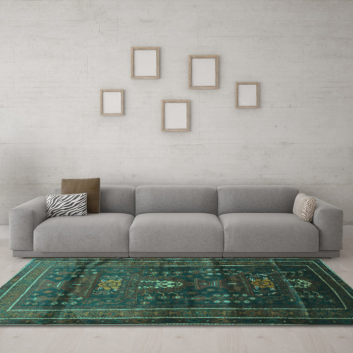 Machine Washable Persian Turquoise Traditional Area Rugs in a Living Room,, wshtr2399turq