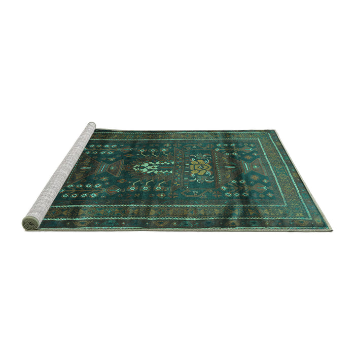 Sideview of Machine Washable Persian Turquoise Traditional Area Rugs, wshtr2399turq