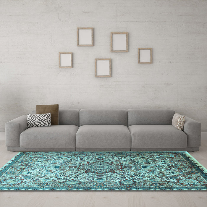 Machine Washable Medallion Light Blue Traditional Rug in a Living Room, wshtr239lblu