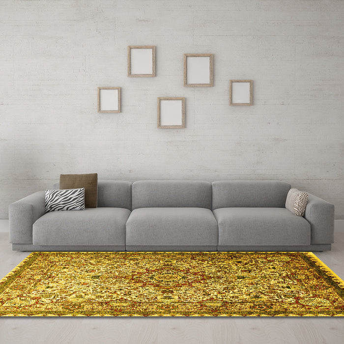 Machine Washable Medallion Yellow Traditional Rug in a Living Room, wshtr239yw