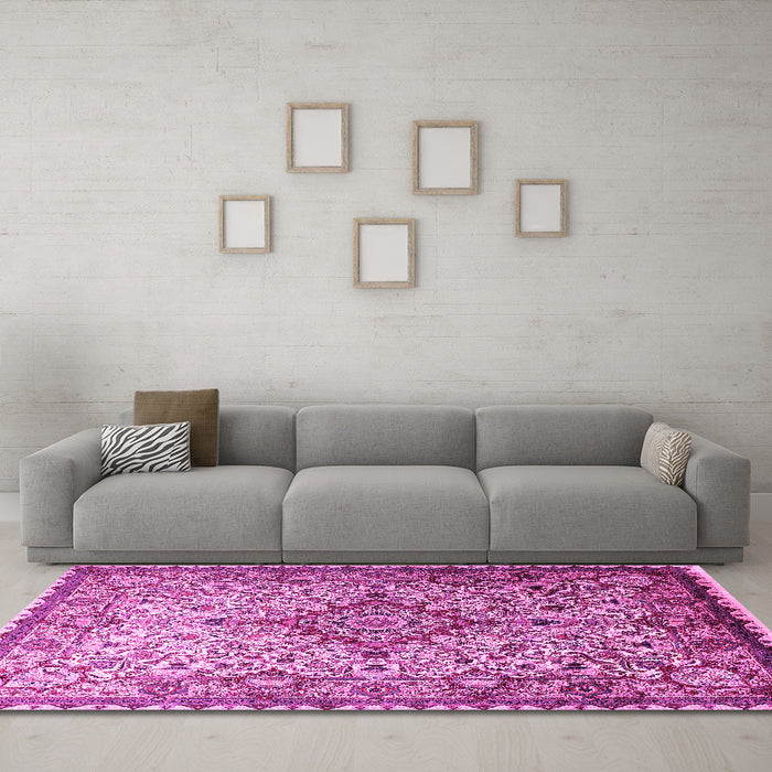 Machine Washable Medallion Pink Traditional Rug in a Living Room, wshtr239pnk