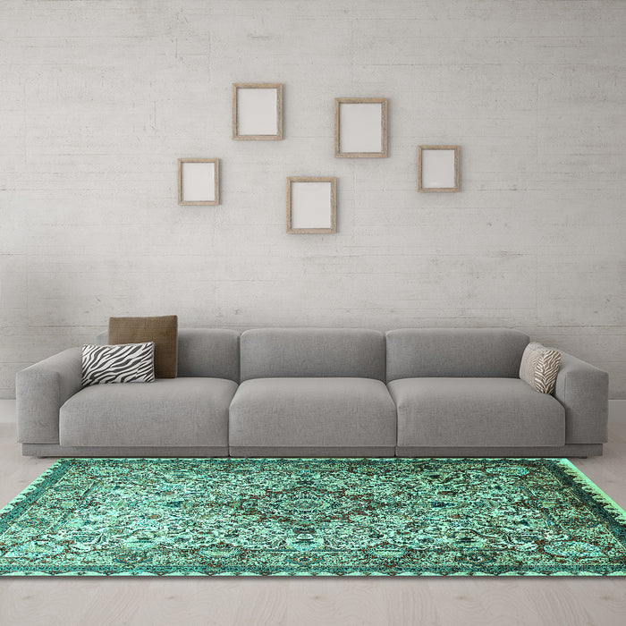Machine Washable Medallion Turquoise Traditional Area Rugs in a Living Room,, wshtr239turq