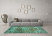 Machine Washable Medallion Turquoise Traditional Area Rugs in a Living Room,, wshtr23turq